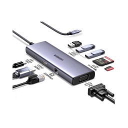 USB-C ჰაბი UGREEN CM498 (15600), Type-C, USB, HDMI, VGA, RJ45, SD, TF, Hub, Gray