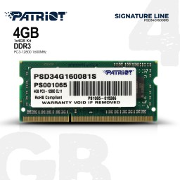 ოპერატიული მეხსიერება PATRIOT SIGNATURE LINE PSD34G160081S 4GB DDR3 1600MHZ SODIMM-JUSTSHOP.GE-ზე