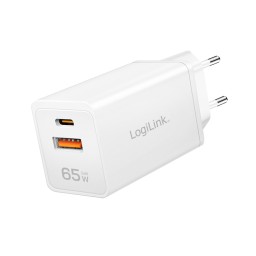 დამტენი: Logilink PA0371 1xUSB-C (PD) & 1xUSB-A (QC) GaN Fast Charger 65W White