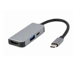 ადაპტერი: Gembird A-CM-COMBO3-02 USB Type-C 3-in-1 multi-port adapter (USB port+HDMI +PD) Silver-JUSTSHOP.GE-ზე
