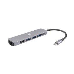 2E ადაპტერი USB-С > 2хUSB-A 2.0/USB-A 3.0/USB-C PD/HDMI/Ethernet, 0.15m, silver