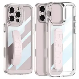 ქეისი Case GKK For iPhone 16 Pro Max Crystal Clear Case Anti-Drop TPU+PC Phone Cover with Silicone Hand Strap - Light Pink