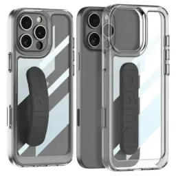ქეისი Case GKK For iPhone 16 Pro Crystal Clear Case Anti-Drop TPU+PC Phone Cover with Silicone Hand Strap - Black