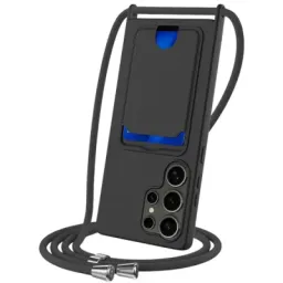 ქეისი Case For Samsung Galaxy S25 Ultra Case Liquid Silicone Card Holder Back Phone Cover with Lanyard - Black