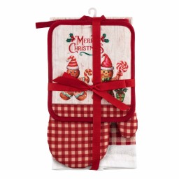 სამზარეულოს ტექსტილის ნაკრები Ardesto Kitchen gift set Christmas Gingerbread, 3pcs, 100% cotton (towel), 100% polyester (pot holders), red