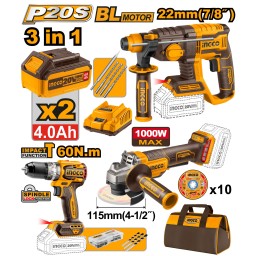 Ingco ელ. პერფორატორის, კუთხსახეხისა და ხრახნდამჭერის კომპლექტი 3ც-ნიLithium-Ion 20V (COSLI240202) 