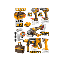 Ingco უსადენო ინდუსტრიული ხელსაწყოების 5ც-ნი კომპლექტი 20V-4AH (CKLI2058) 