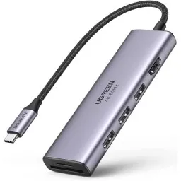 USB-C ჰაბი UGREEN CM511 (60383) Type-C, USB, HDMI, SD/TF, Silver-JUSTSHOP.GE-ზე
