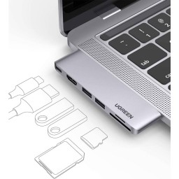 USB-C ჰაბი UGREEN CM380 (80856), Type-C, USB, HDMI, TF/SD, Grey