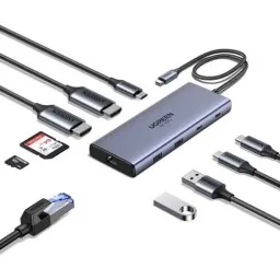 USB-C ჰაბი UGREEN CM639 (45380), HDMI, Type-C, USB-A, RJ45, SD/TF, Grey-JUSTSHOP.GE-ზე
