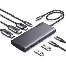 USB-C ჰაბი UGREEN CM639 (35625) Revodok 308, HDMI, DP, Type-C, USB-A, PD, Grey-JUSTSHOP.GE-ზე