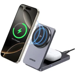 უსადენო დამტენი UGREEN W706 (45023) MagFlow Qi2, 15W, 2-in-1 Magnetic Wireless Charger, Grey-JUSTSHOP.GE-ზე