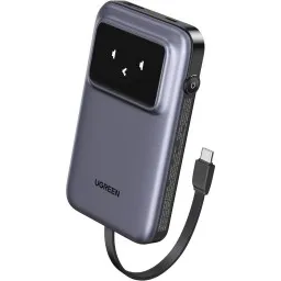 პორტატული დამტენი UGREEN PB511 (35603B) Uno, 10000mAh 30W, USB, Type-C, Power Bank With Built In Cable, Grey-JUSTSHOP.GE-ზე