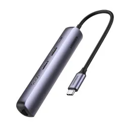 USB-C ჰაბი UGREEN CM418 (10919), 5-in-1 Ultra Slim Hub, USB 3.0, HDMI, RJ45, PD, Gray
