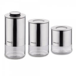 მინის კონტეინერის ნაკრები უჟანგავი მეტალის თავსახურით Korkmaz A5520 Storage Box 3pcs Satin-JUSTSHOP.GE-ზე