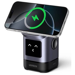 უსადენო დამტენი UGREEN Uno W709 (45775) Qi2, 15W, 2-in-1 Magnetic Wireless Charger, Black/Grey-JUSTSHOP.GE-ზე