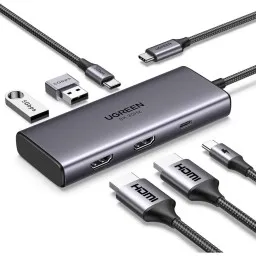 USB-C ჰაბი UGREEN CM498 (15852) Revodok 206, 2xHDMI, USB, Type-C, HUB, Grey