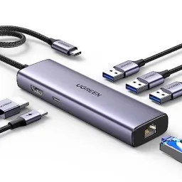 USB-C ჰაბი UGREEN CM512 (15598), Type-C, USB, HDMI, Lan, PD, Hub, Grey-JUSTSHOP.GE-ზე